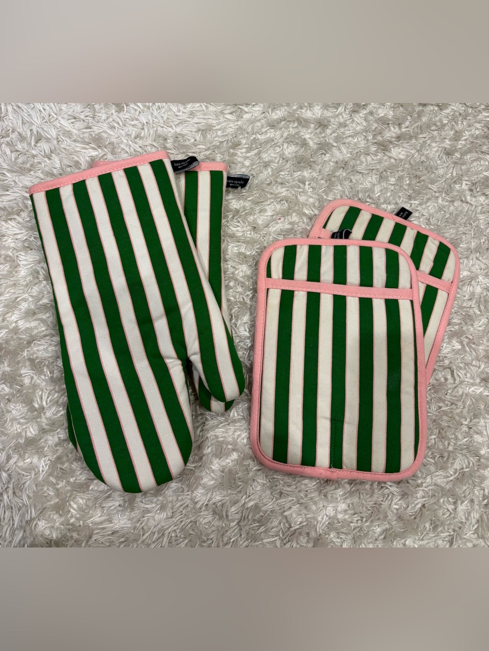kate spade green, white & pink striped oven mitt and pot holder set